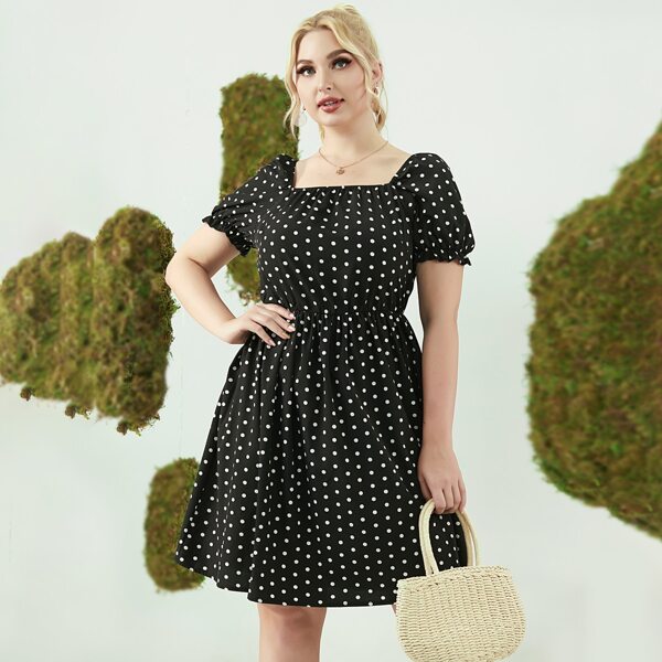 

Plus Polka Dot Square Neck Dress, Black
