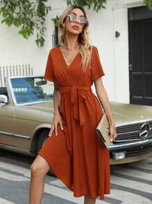 Flutter Sleeve Belted Dress - Rust Brown - View 1