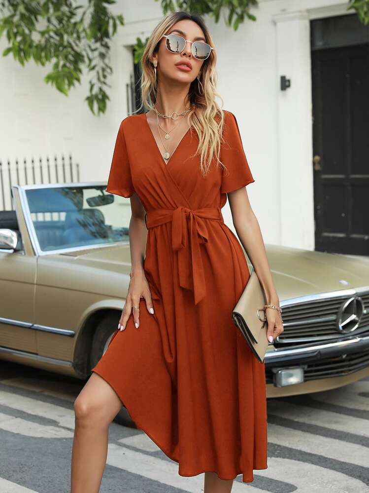 Flutter Sleeve Belted Dress - Rust Brown - View 1