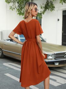 Flutter Sleeve Belted Dress - Rust Brown - View 2