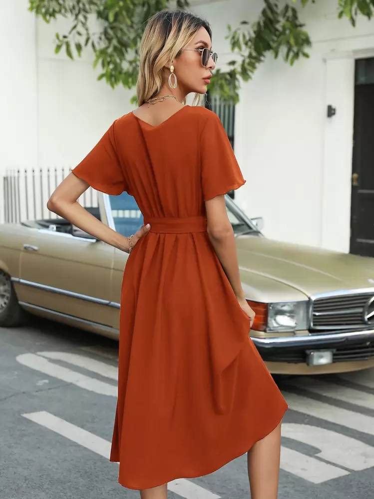 Flutter Sleeve Belted Dress - Rust Brown - View 2