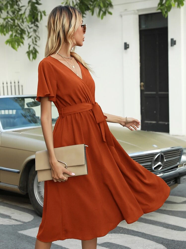 Flutter Sleeve Belted Dress - Rust Brown - View 4