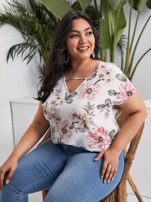 SHEIN VCAY Plus V-neck Floral Top - Multicolor - View 1