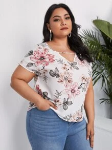 SHEIN VCAY Plus V-neck Floral Top - Multicolor - View 3