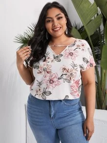 SHEIN VCAY Plus V-neck Floral Top - Multicolor - View 5