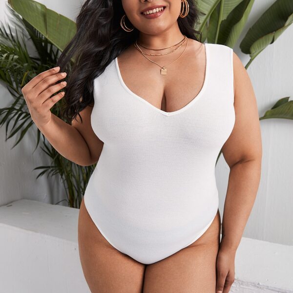 

Plus Double V-neck Rib-knit Bodysuit, White