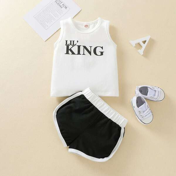 

Baby Boy Letter Graphic Tank Top & Track Shorts, Black and white