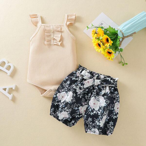 

Baby Girl Ribbed Ruffle Trim Bodysuit & Belted Shorts, Multicolor