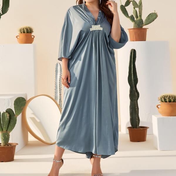 

Plus Beaded Tape Front Kaftan, Dusty blue