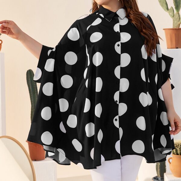 

Plus Button Front Batwing Sleeve Polka Dot Shirt, Black and white