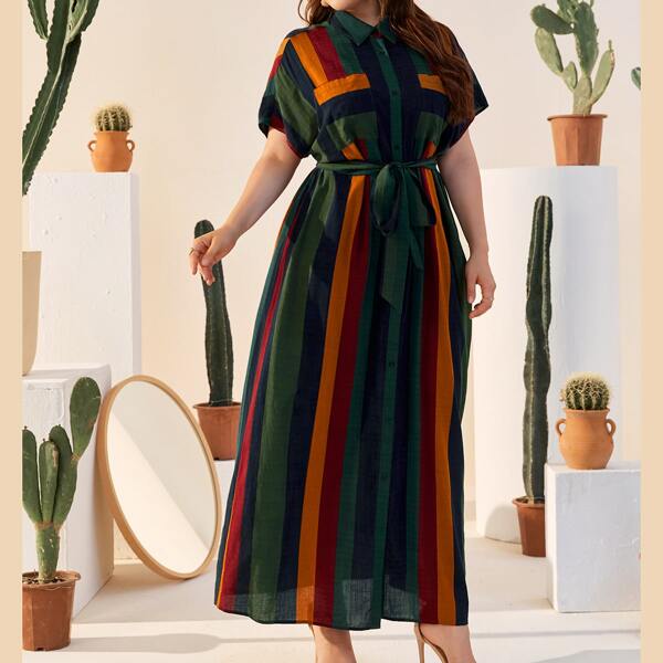

Plus Batwing Sleeve Patch Pocket Belted Striped Dress, Multicolor