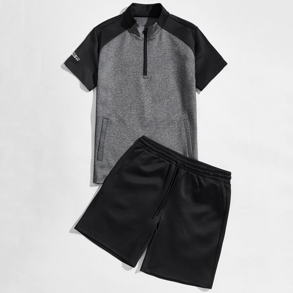 

Men Mock Neck Colorblock Tee & Drawstring Track Shorts Set, Multicolor