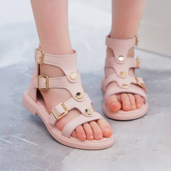 

Girls Buckle Decor Zip Back Sandals, Baby pink