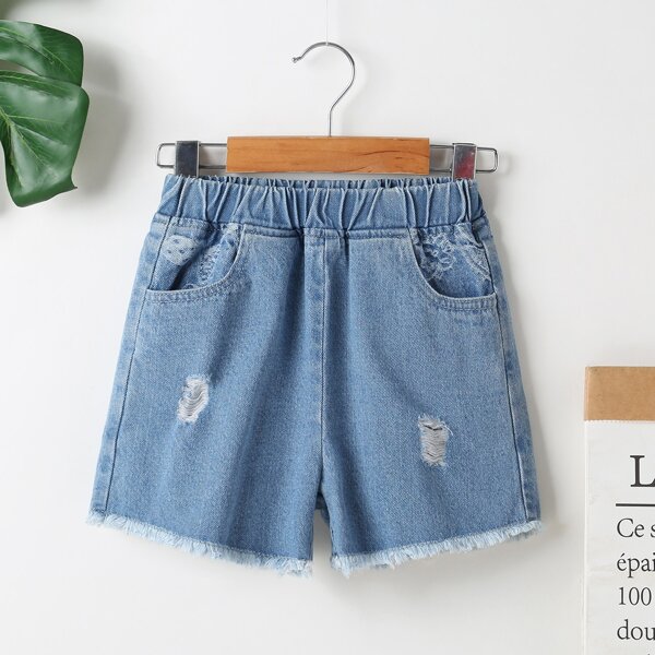 

Toddler Girls Ripped Raw Hem Denim Shorts, Light wash