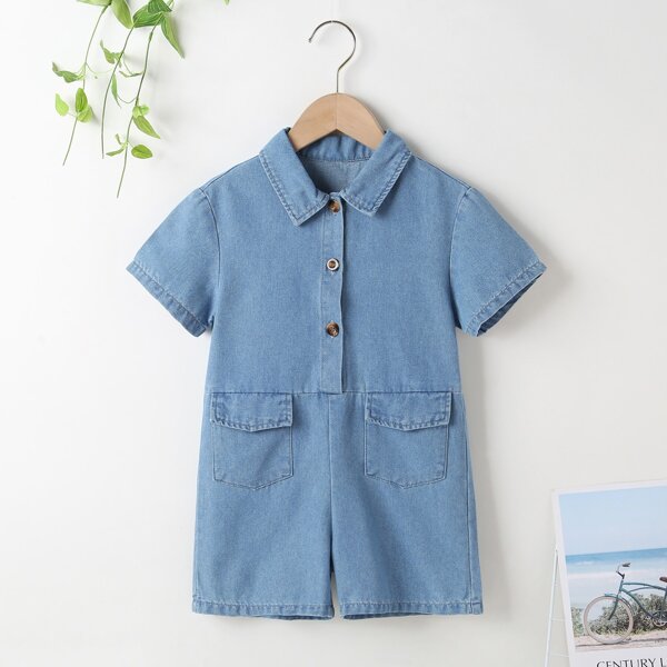 

Toddler Girls Button Half Flap Detail Denim Romper, Medium wash