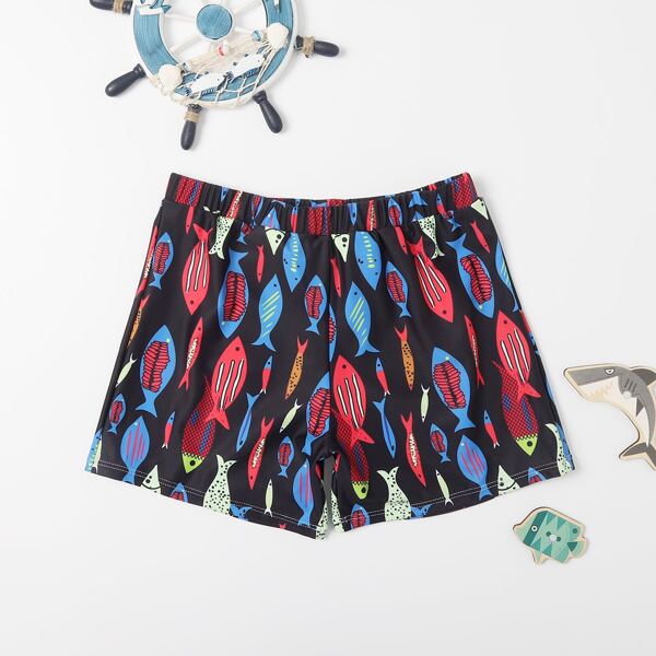 

Boys Cartoon Fish Print Swim Shorts, Multicolor