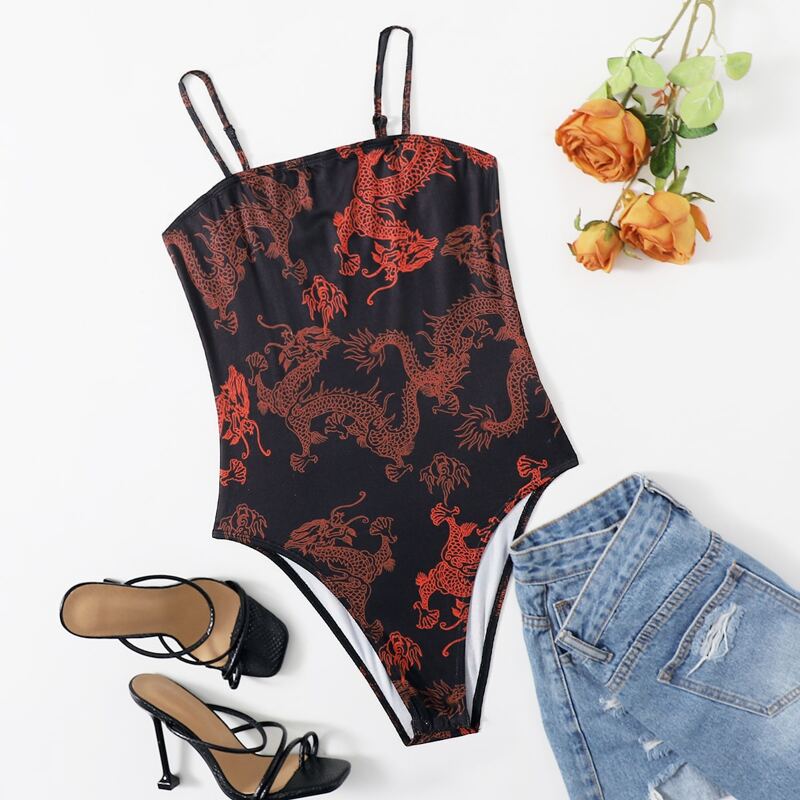 

Chinese Dragon Print Cami Bodysuit, Multicolor