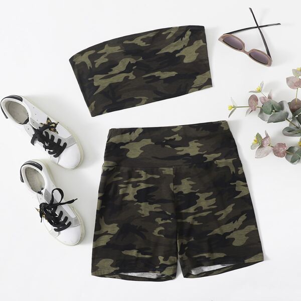 

Camo Crop Tube Top & Biker Shorts Set, Multicolor
