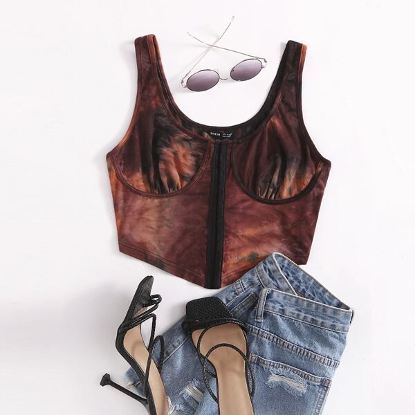 

Tie Dye Hook and Eye Placket Bustier Crop Tank Top, Multicolor