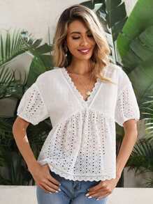 SHEIN 泡泡袖網眼刺繡上衣 - 白色 - 查看 2