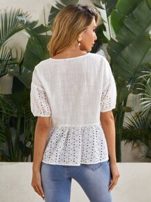 SHEIN 泡泡袖網眼刺繡上衣 - 白色 - 查看 3