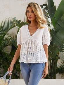 SHEIN 泡泡袖網眼刺繡上衣 - 白色 - 查看 1