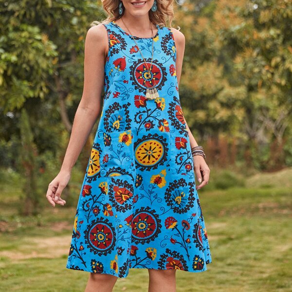 

Allover Geo Dual Pocket Tunic Dress, Multicolor
