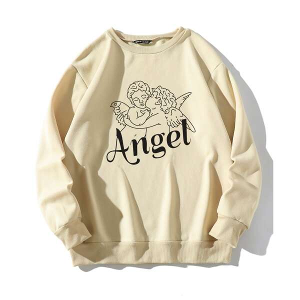 

Letter And Angel Print Round Neck Sweatshirt, Khaki