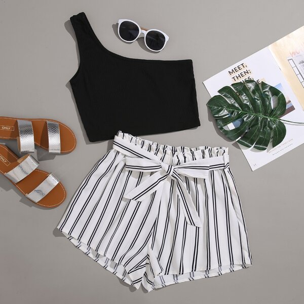 

One Shoulder Crop Top & Striped Belted Shorts, Black and white