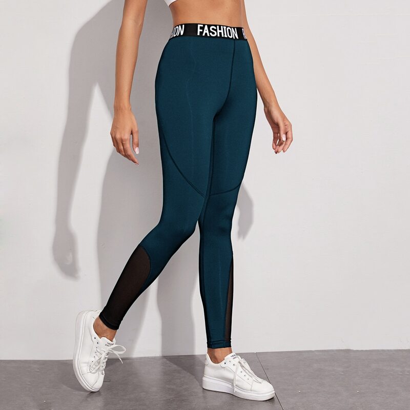 

Letter Tape Mesh Panel Sports Leggings, Navy blue
