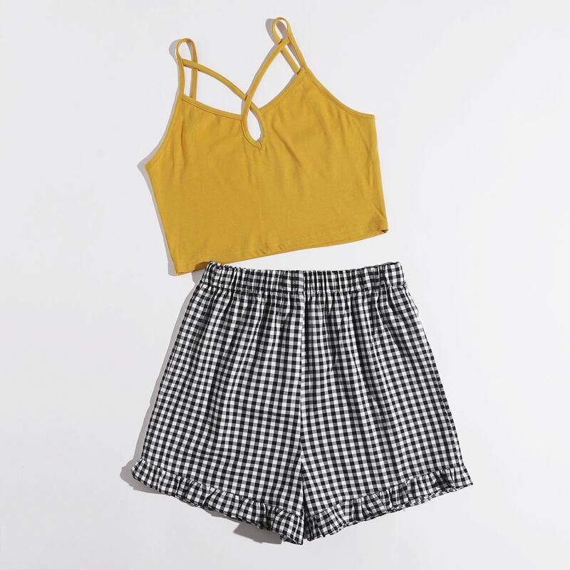 

Solid Cut Out Crop Cami & Gingham Shorts, Multicolor
