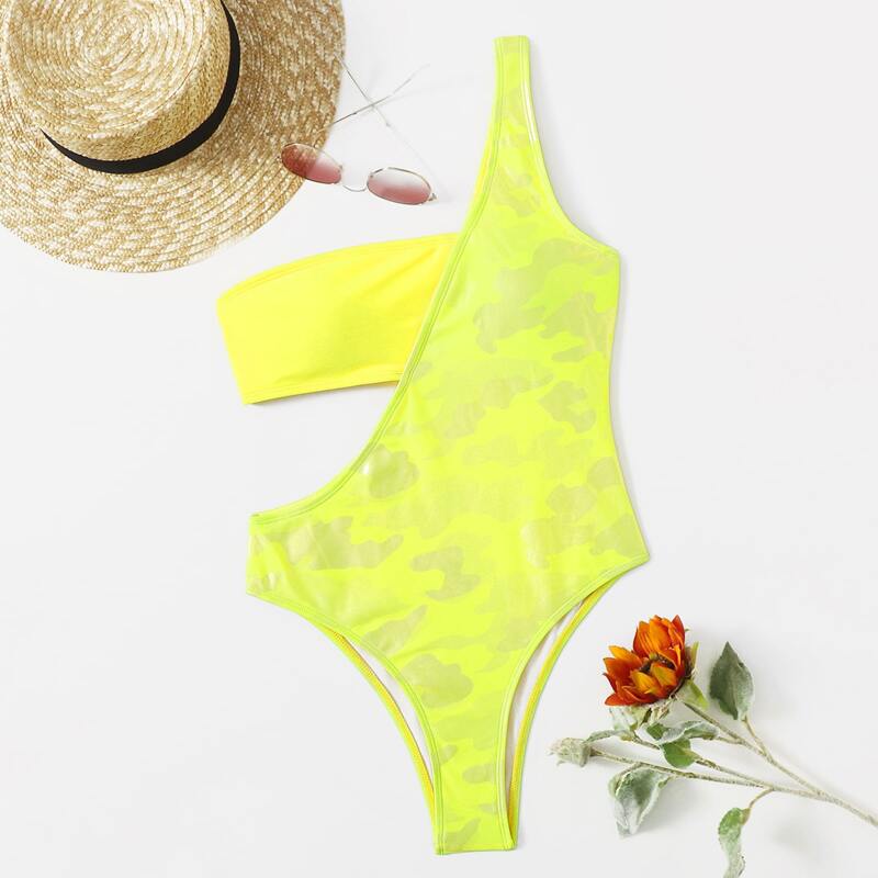 

One Shoulder Camo Print One Piece Swimsuit, Yellow