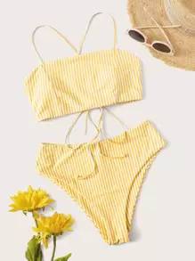 SHEIN Swim Mod 夏季海灘條紋高腰比基尼套裝 - 黃色 - 查看 1