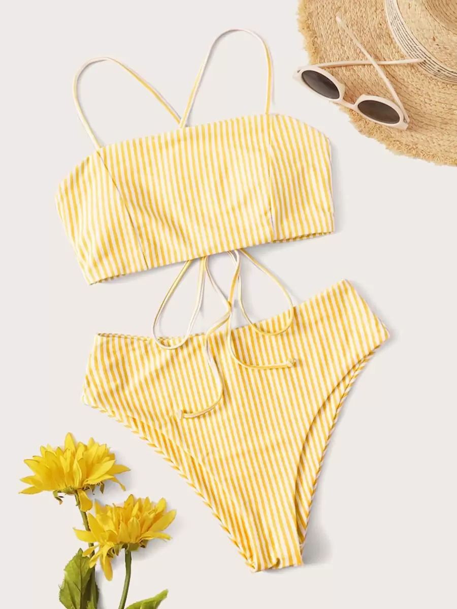 SHEIN Swim Mod 夏季海灘條紋高腰比基尼套裝 - 黃色 - 查看 1