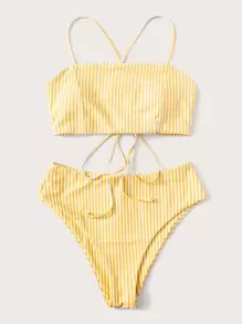 SHEIN Swim Mod 夏季海灘條紋高腰比基尼套裝 - 黃色 - 查看 5