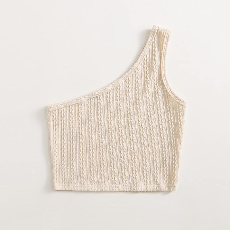 

Solid One Shoulder Crop Top, Beige