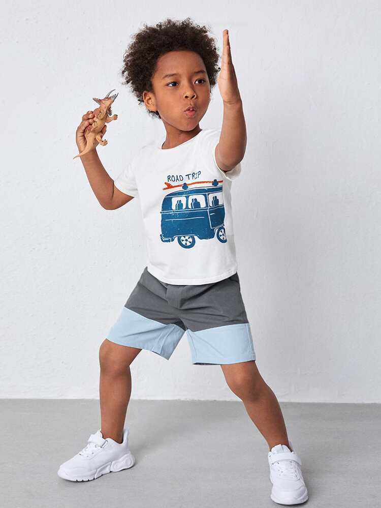 SHEIN Niños Conjunto Camiseta con estampado de coche &shorts de color combinado - Multicolor - Añade 1