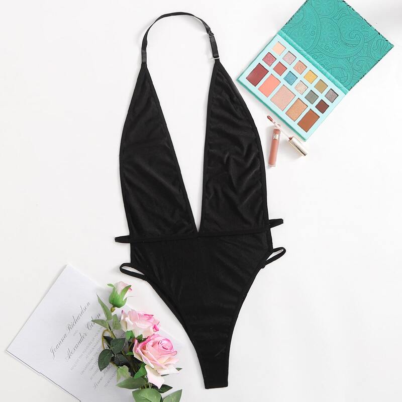 

Open Back Plunging Teddy Bodysuit, Black