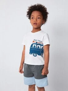 SHEIN Niños Conjunto Camiseta con estampado de coche &shorts de color combinado - Multicolor - Ver 3