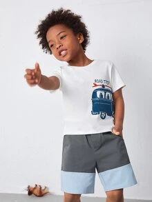 SHEIN Niños Conjunto Camiseta con estampado de coche &shorts de color combinado - Multicolor - Ver 4