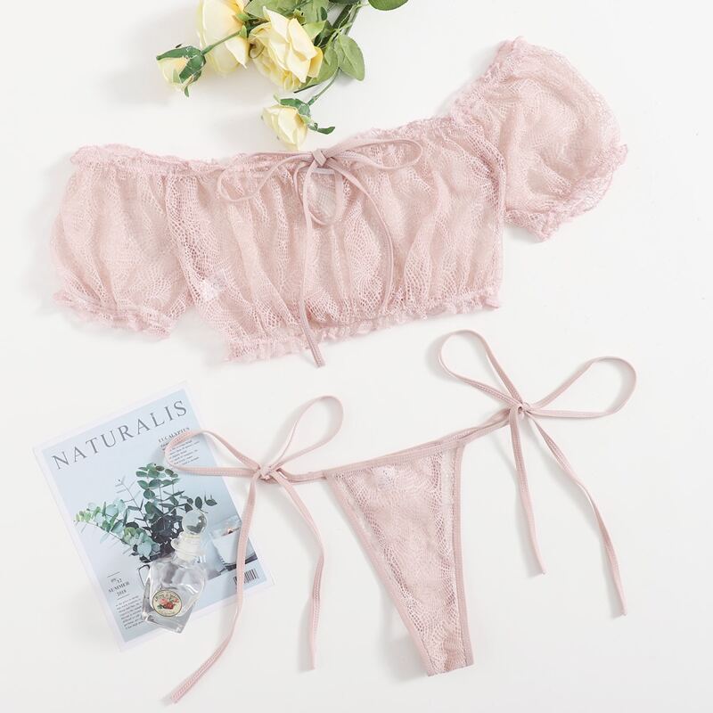 

Floral Lace Bardot Lingerie Set, Baby pink