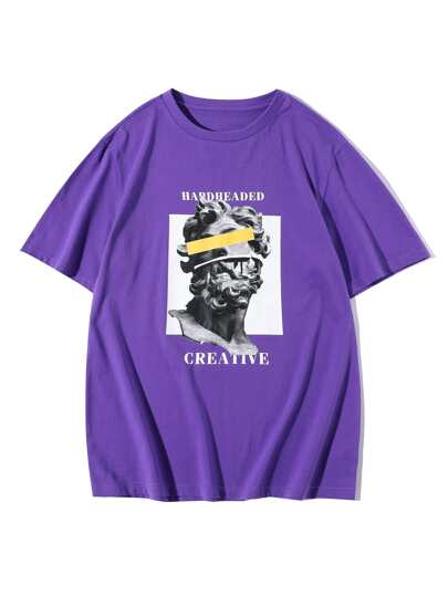 Manfinity Roghcode 男士雕像和字母圖案T恤