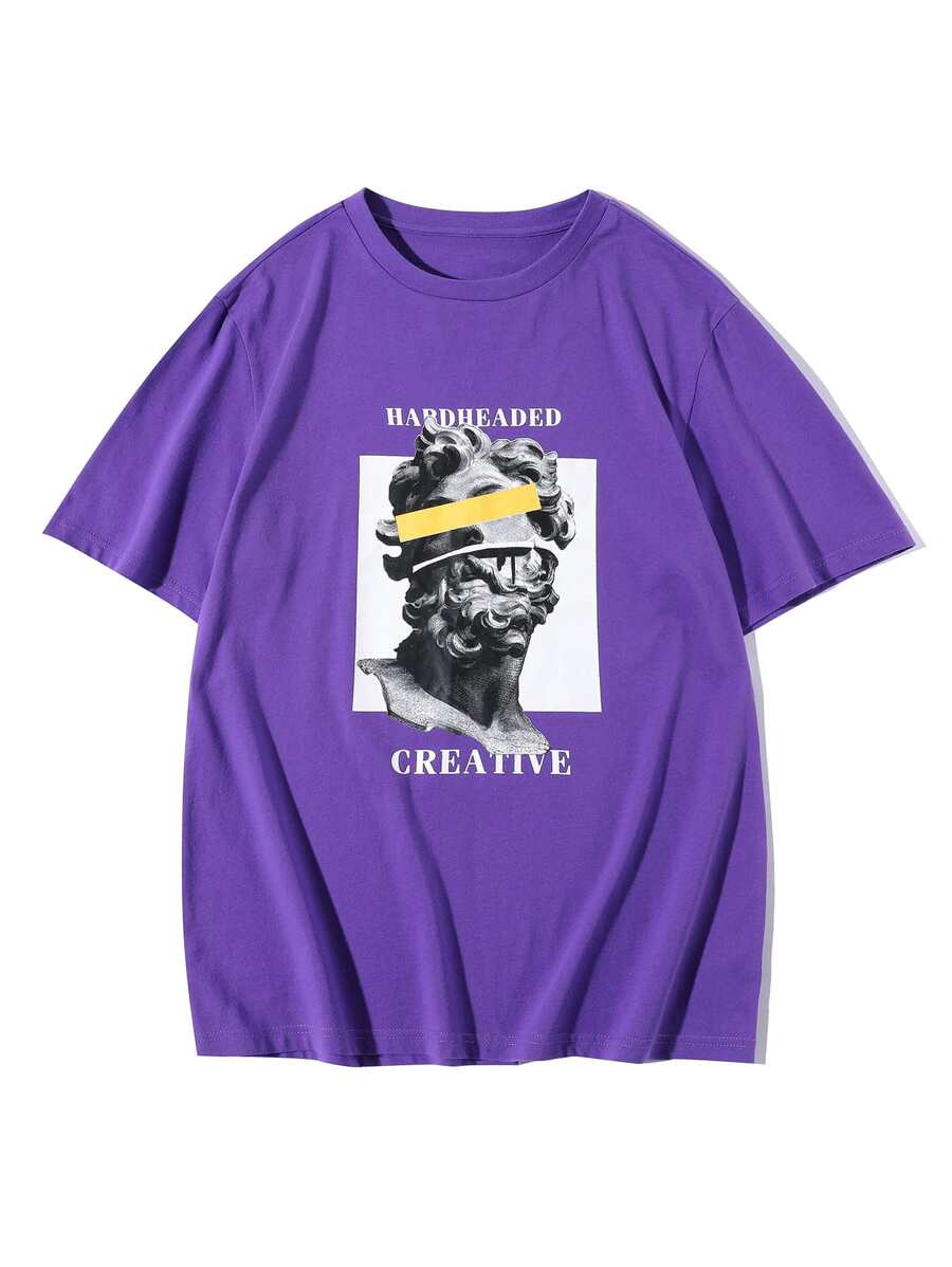 Manfinity Roghcode 男士雕像和字母圖案T恤 - 紫羅蘭色 - 查看 1