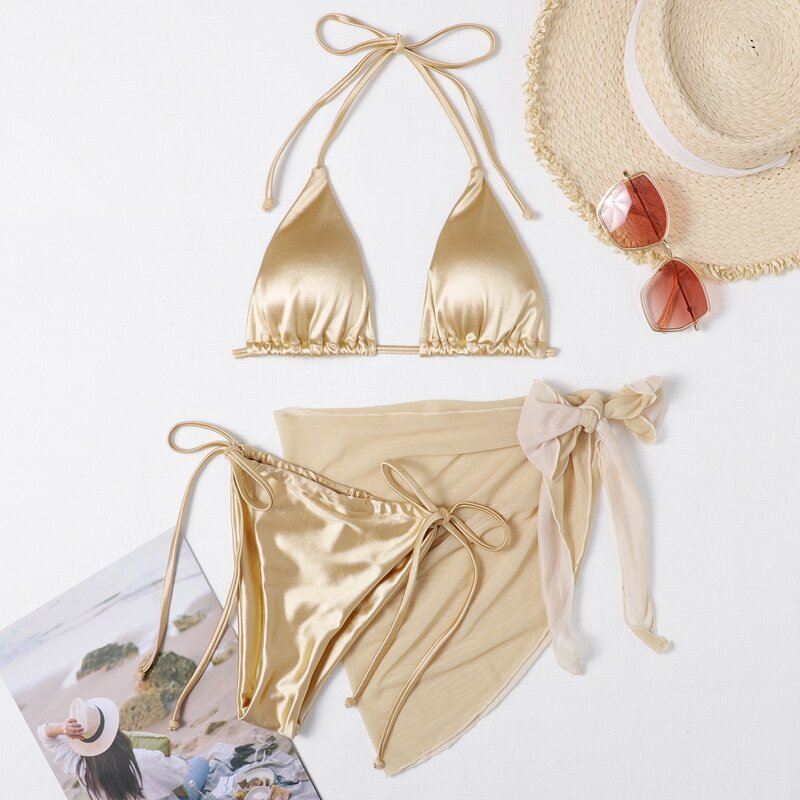 

3pack Halter Tie Side Bikini Swimsuit & Cover Up, Khaki