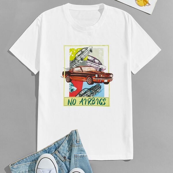 

Men Slogan And Car Print Tee, White