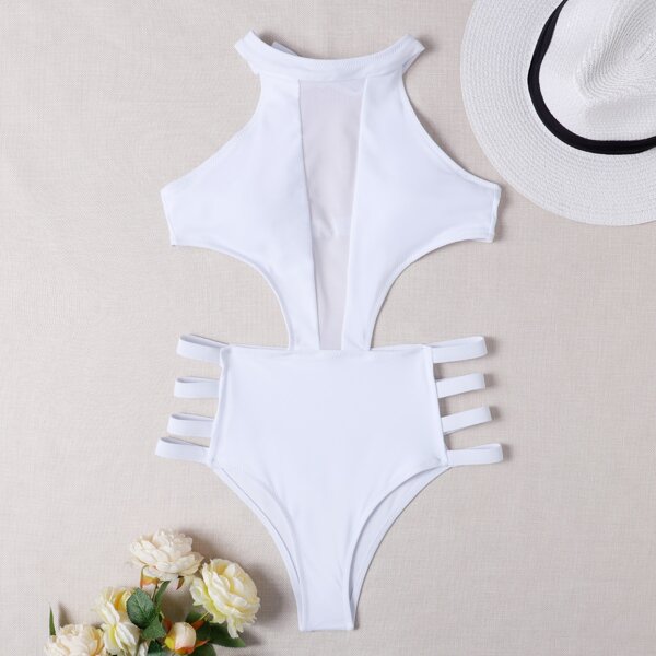 

Contrast Mesh Cut-out Halter One Piece Swimsuit, White
