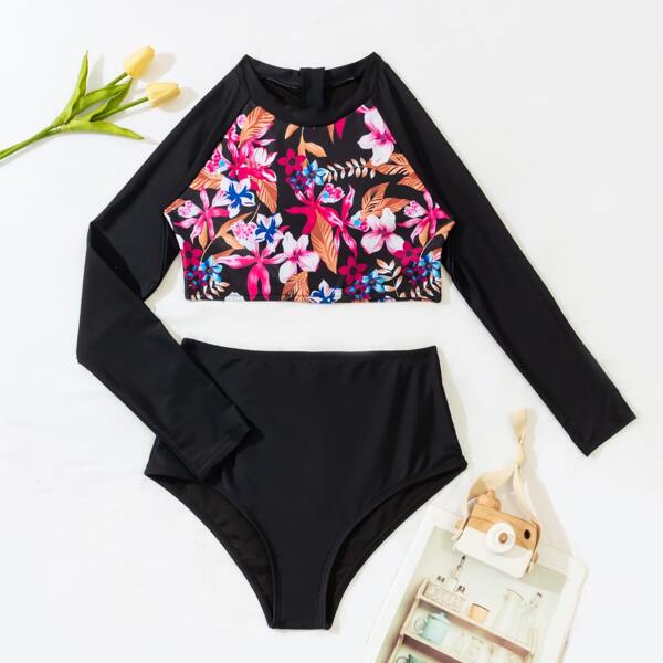 

Floral Print High Waisted Bikini Swimsuit, Black