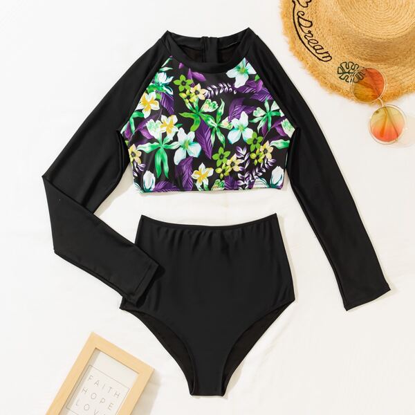 

Floral Print High Waisted Bikini Swimsuit, Black
