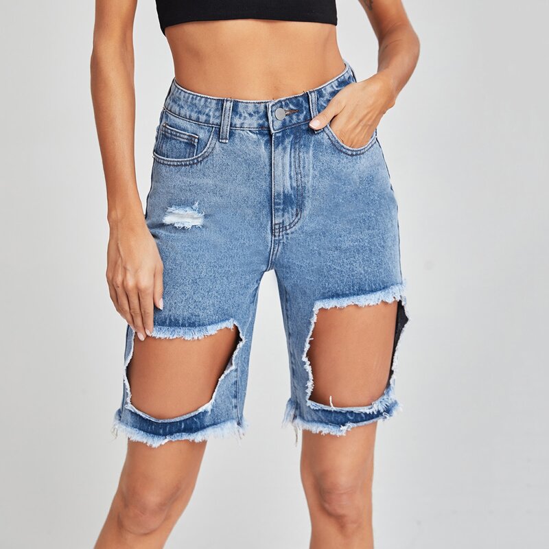 

High Waist Cut-out Raw Hem Denim Shorts, Light wash
