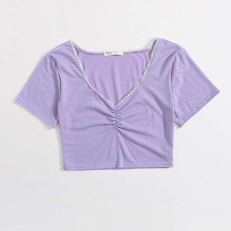 

Solid Ruched Crop Tee, Lilac purple